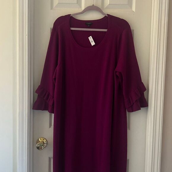Talbots Three-Quarter-Sleeve Sweater Dress in magenta with ruffle sleeves size 2 - Picture 2 of 5